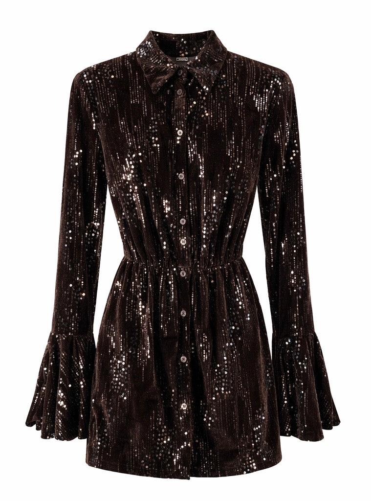 Dark Brown Velvet Sequin Mini Dress