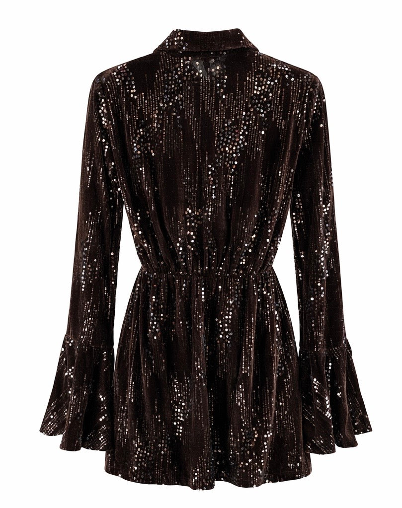 Dark Brown Velvet Sequin Mini Dress