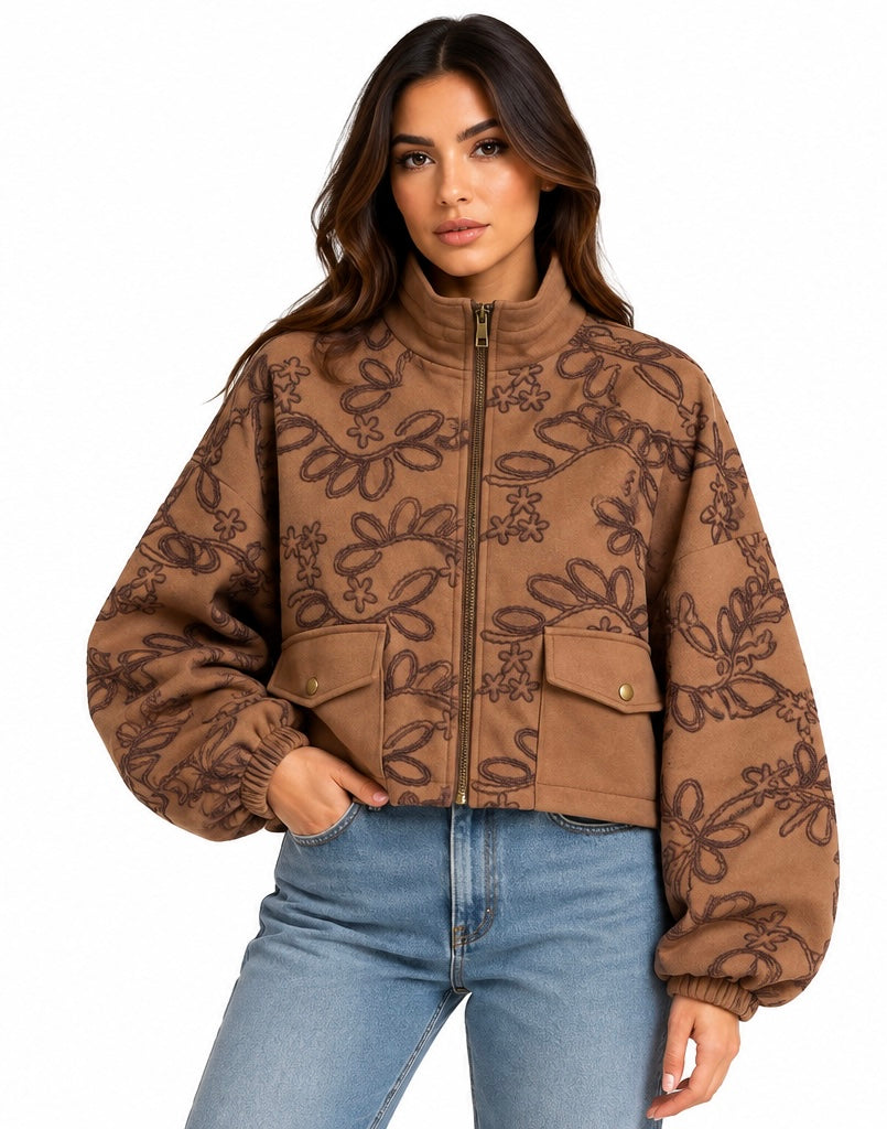 Embroidered Suede Floral Bomber Jacket  ( Brown , Burgundy , Beige )