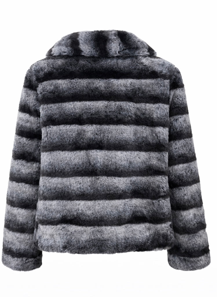 Striped Eco Fur Jacket with Wide Collar – Black White