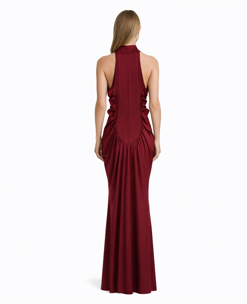 Signature Ruched Halter Gown – Deep Brown & Burgundy