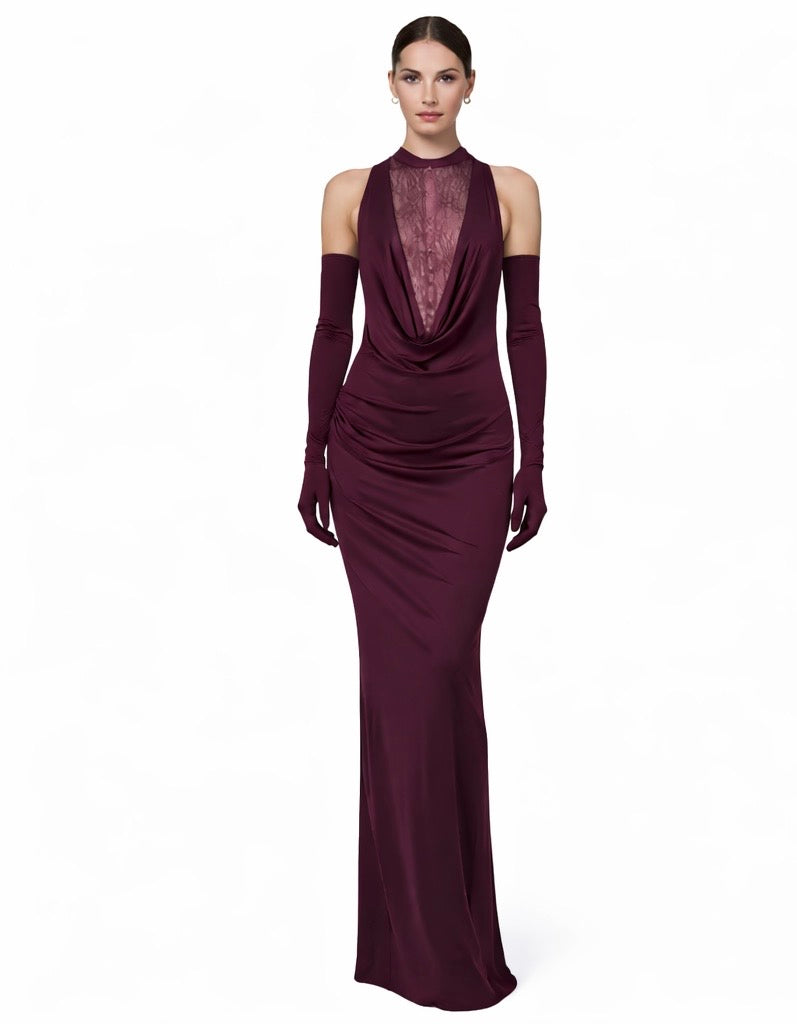 Plum Lace Evening Dress with Matching Gloves