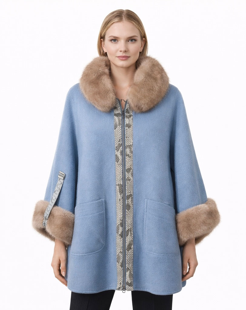 Ice Blue Alpaca Coat with Python Detail & Real Mink Fur