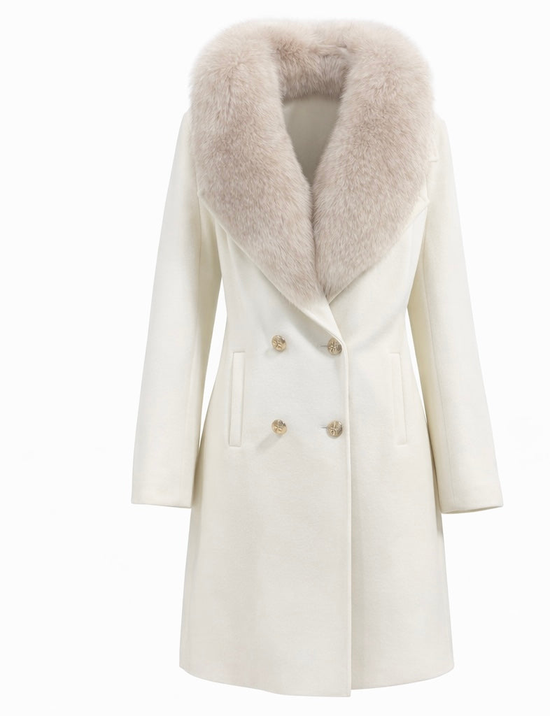 Long Ivory Cashmere Coat with Real Fox Fur Collar
