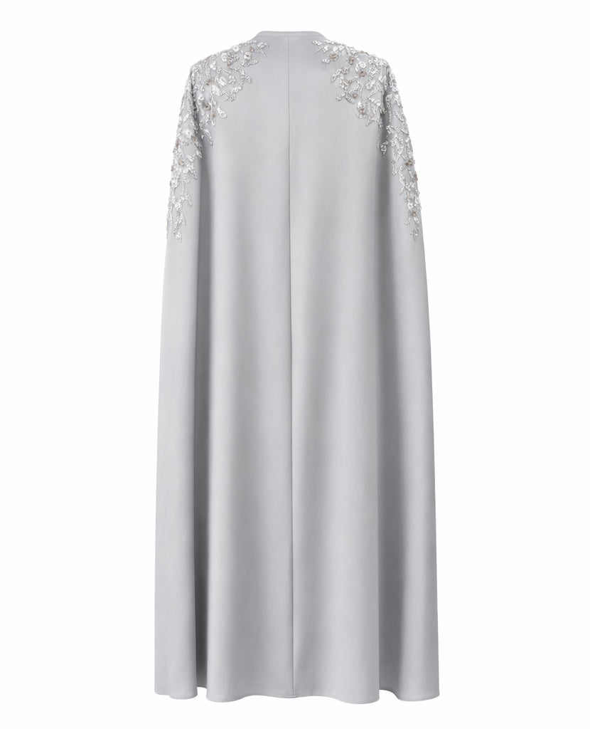 Luxury Silk Embroidered Open Abaya – Silver