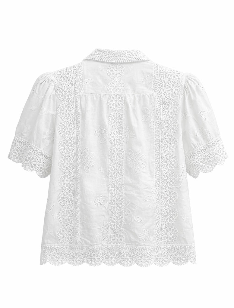 Chic  Floral Embroidered Shirt - Light Blue , White , Black