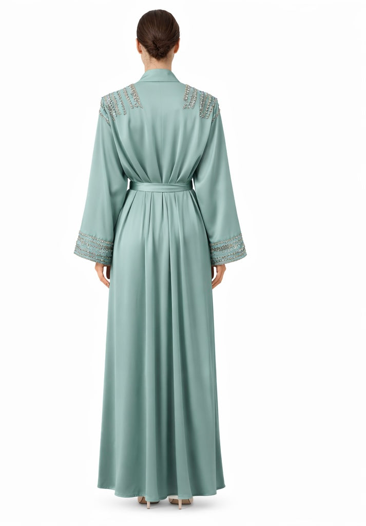 Embroidered Satin Open Abaya with Matching Waist Belt – Sage Green