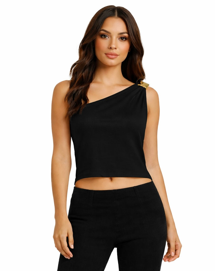 Chic One-Shoulder Crop Top - White , Black , Beige
