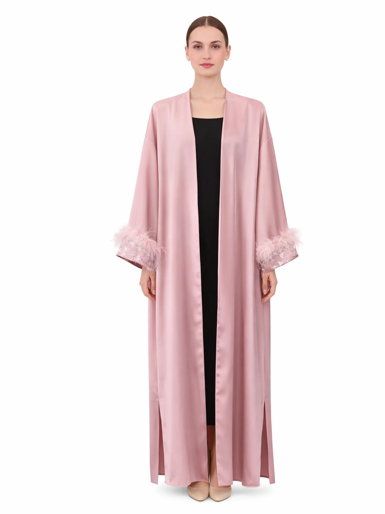 Blush Satin Feather-Trim Kimono