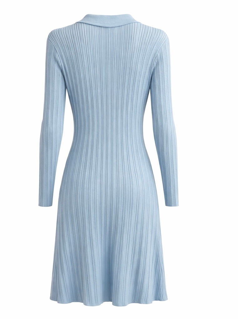 Light Blue Collared Ribbed Knit Dress with Pearl Buttons