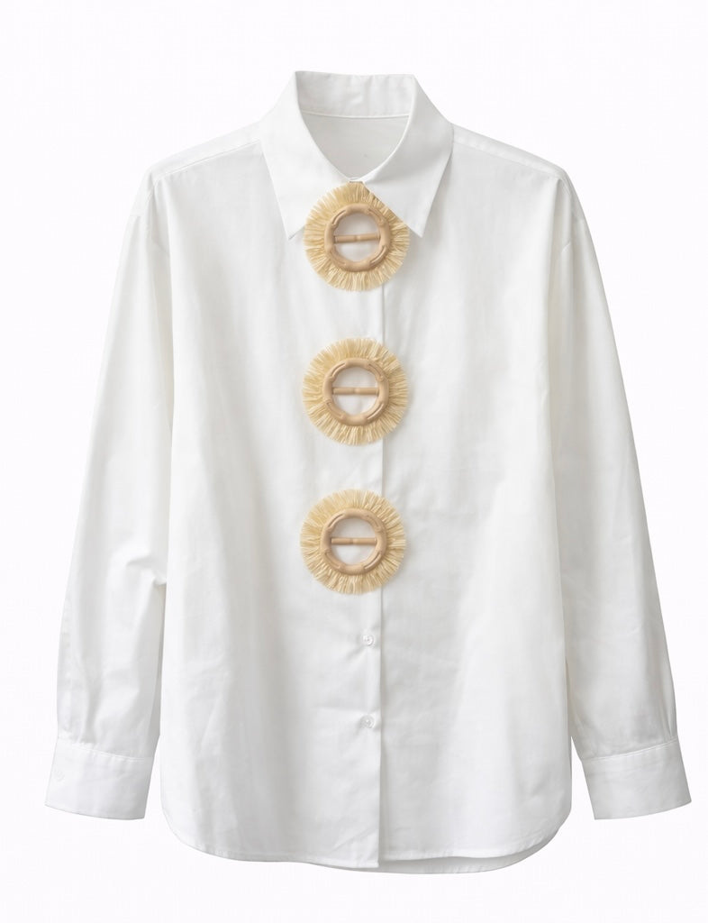 White Button-Up Shirt with Straw Ring Embellishments