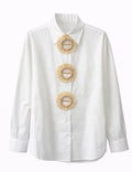 White Button-Up Shirt with Straw Ring Embellishments