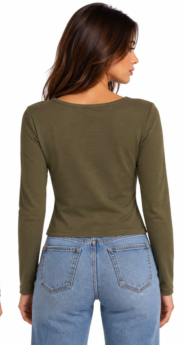 Gold Button Detail V-Neck Top ( White , Olive , Black )