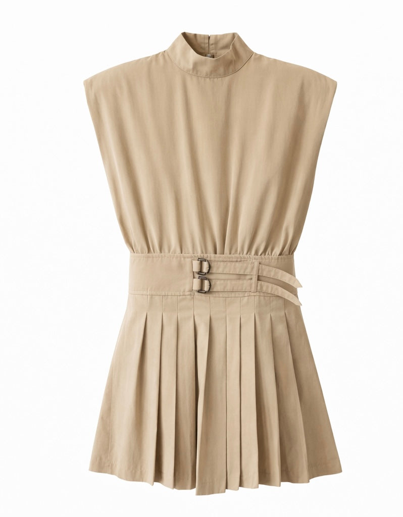 Pleated Mini Dress with Buckle Waist