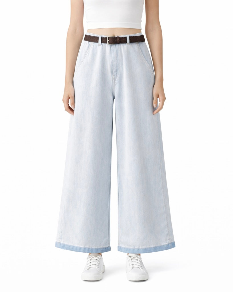 Wide-Leg Trousers with Belt - Butter yellow , pink , light blue