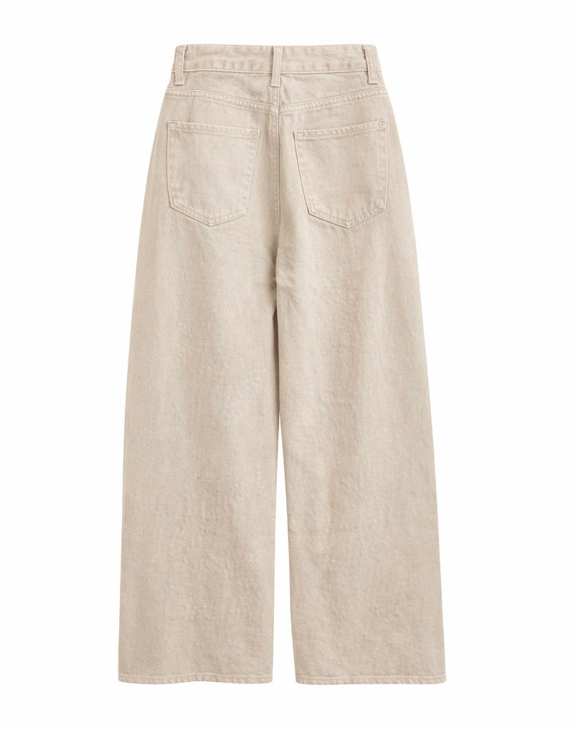 Beige Rhinestone Embellished Wide-Leg Jeans