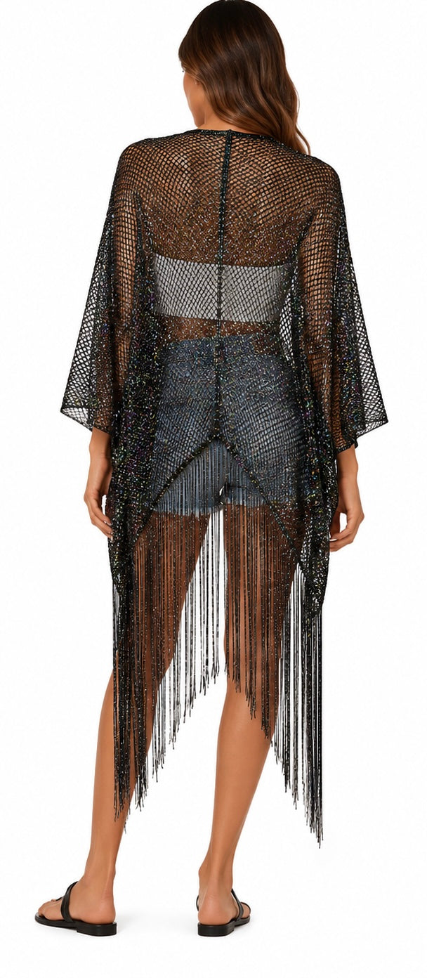 Shimmer Fringe Kimono ( Pink gold , Brown , Gold , Silver black , Silver , Black )