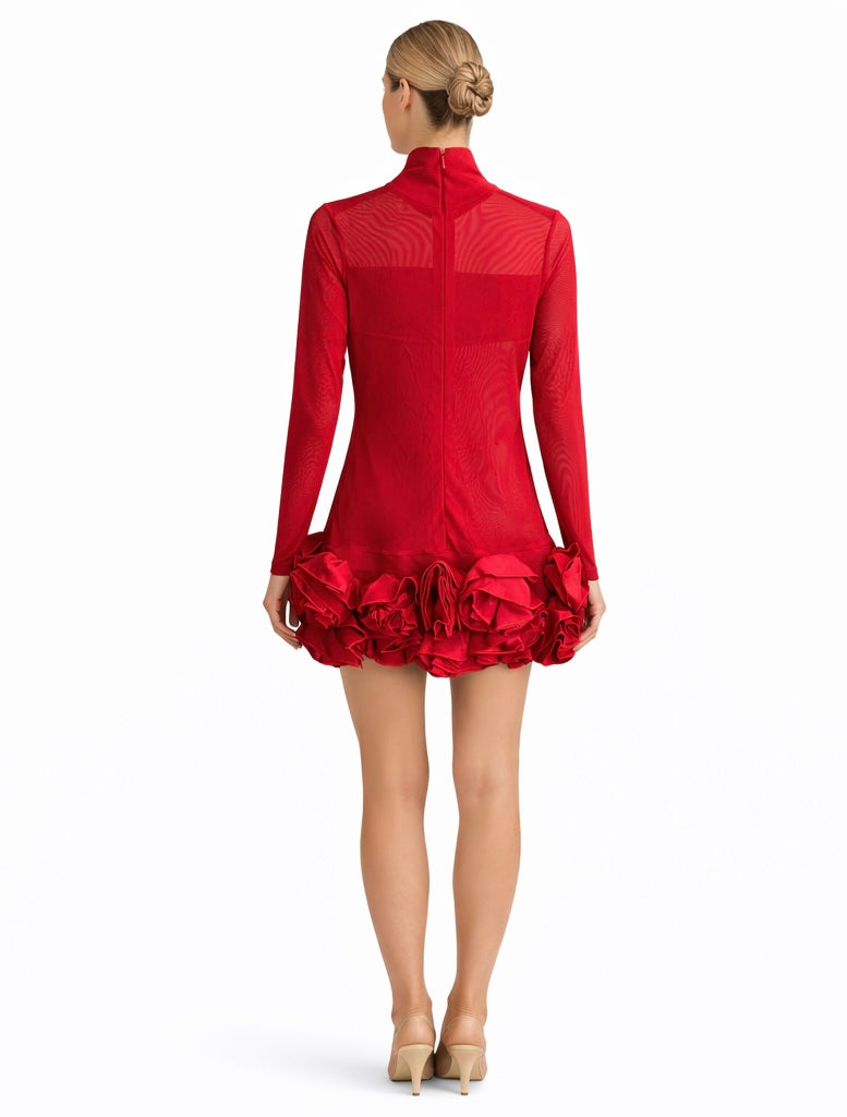 Red Sheer High-Neck Ruffle Mini Dress