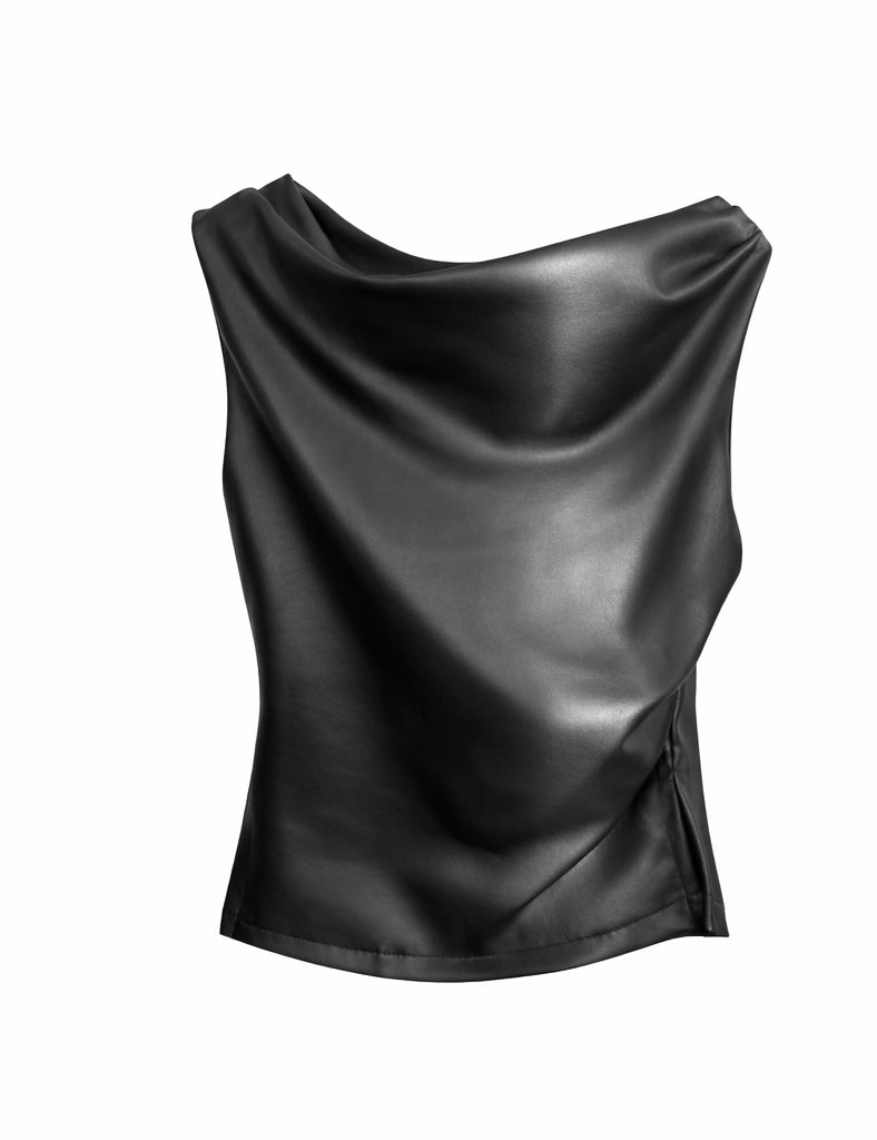 Asymmetric Cowl Neck Faux Leather Top – Black
