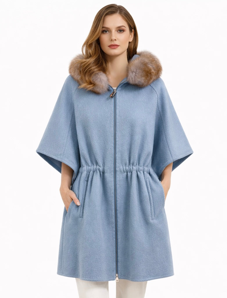 Elegant Ice Blue Alpaca Blend Fur Hooded Cape