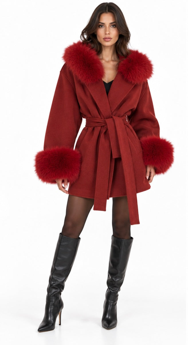 Fur-Trimmed Wrap Coat ( Blush , Icy Blue , Grey , Black , Brown , Burgundy )