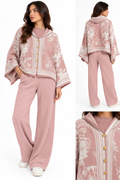 Printed Hooded Cardigan Set ( Pink , Brown , Beige , Black )