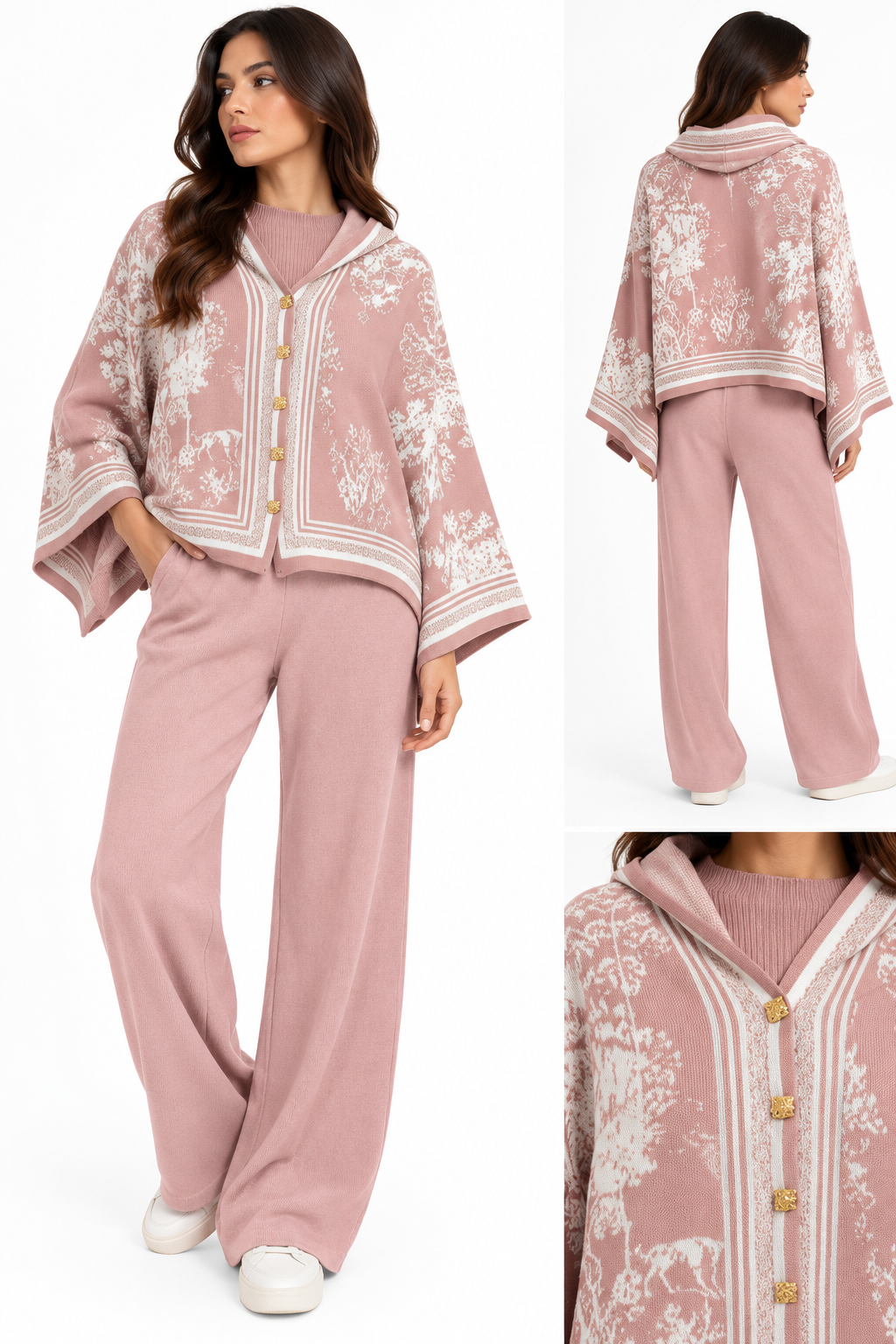 Printed Hooded Cardigan Set ( Pink , Brown , Beige , Black )