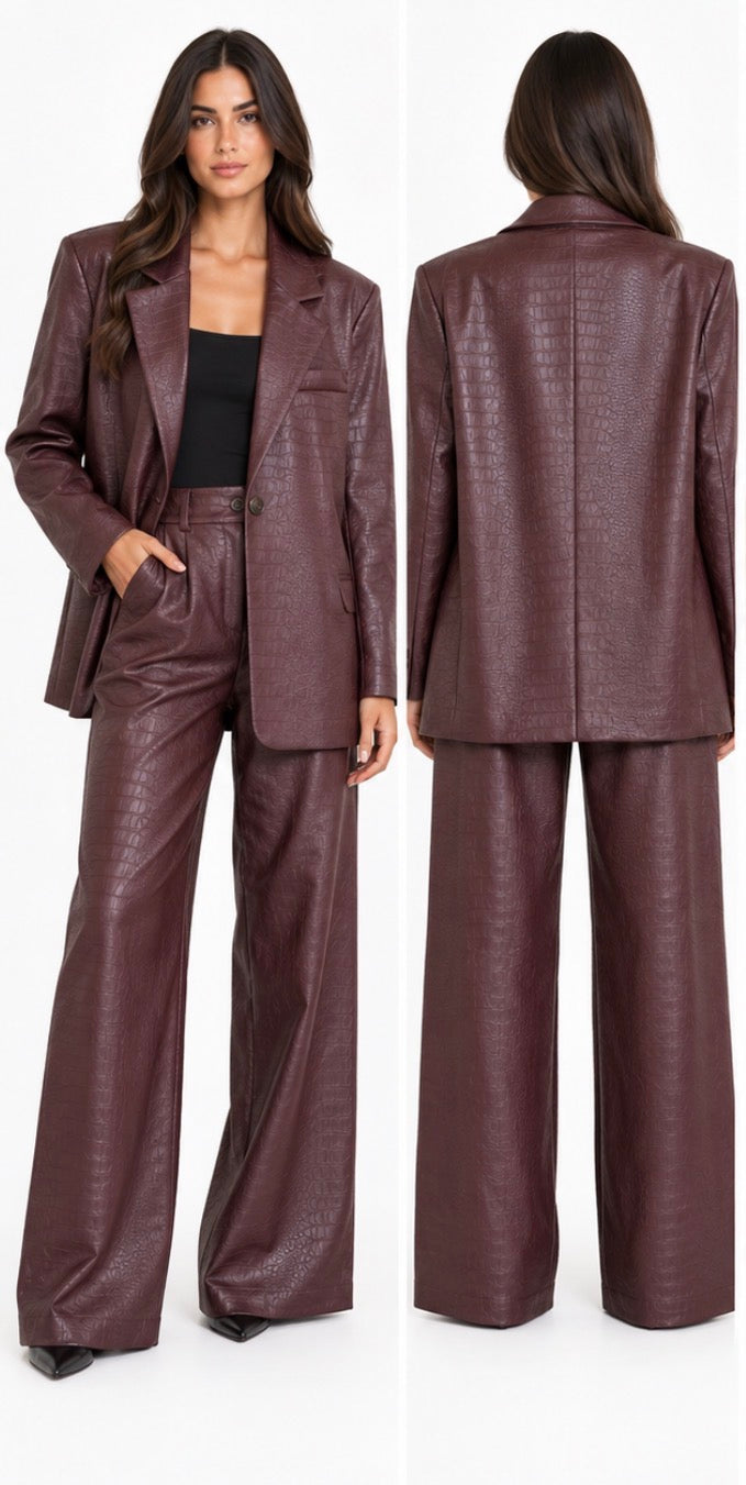 Crocodile Embossed Leather Suit ( Burgundy , Beige )