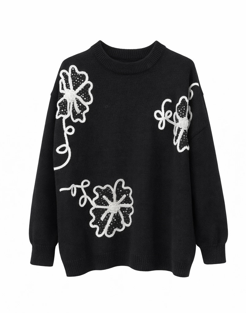 Floral Appliqué Black Knit Sweater