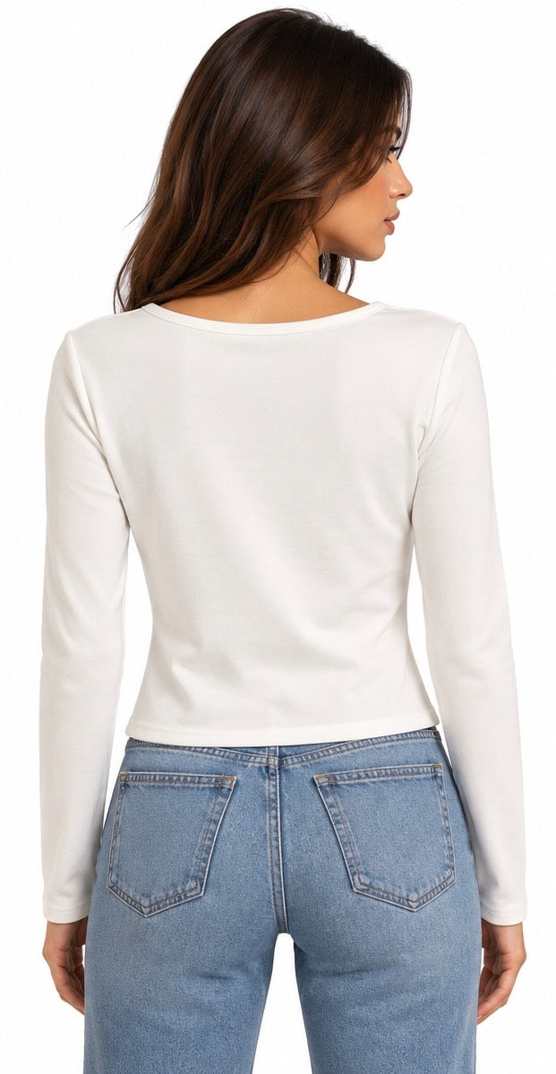 Gold Button Detail V-Neck Top ( White , Olive , Black )