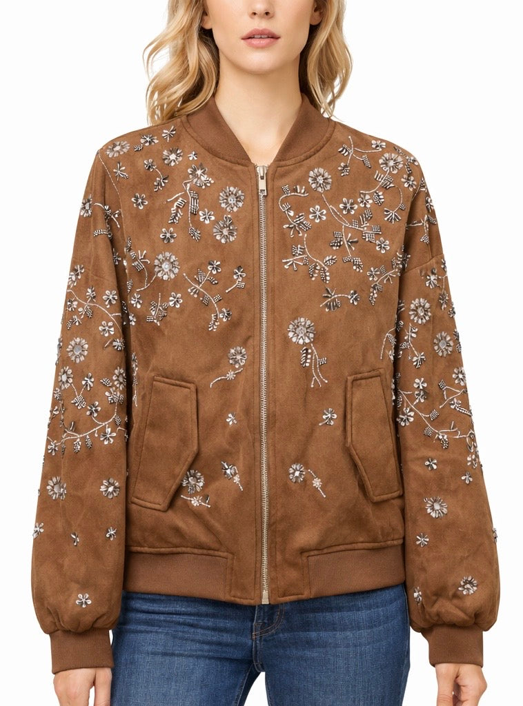 Luxury Brown Floral Embroidered Bomber Jacket