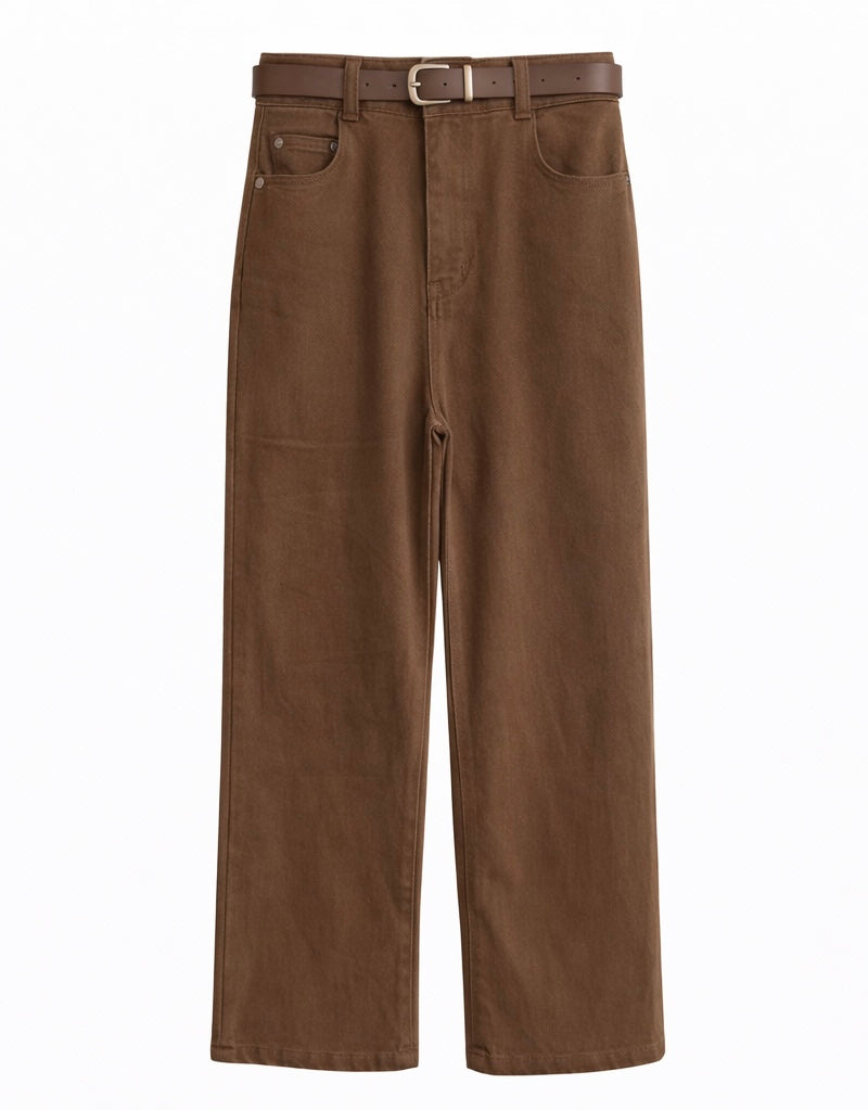 High-Waisted Straight-Leg Pants with Belt – Brown
