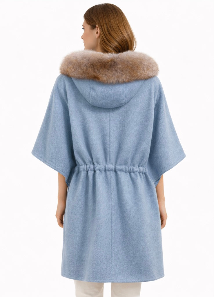 Elegant Ice Blue Alpaca Blend Fur Hooded Cape