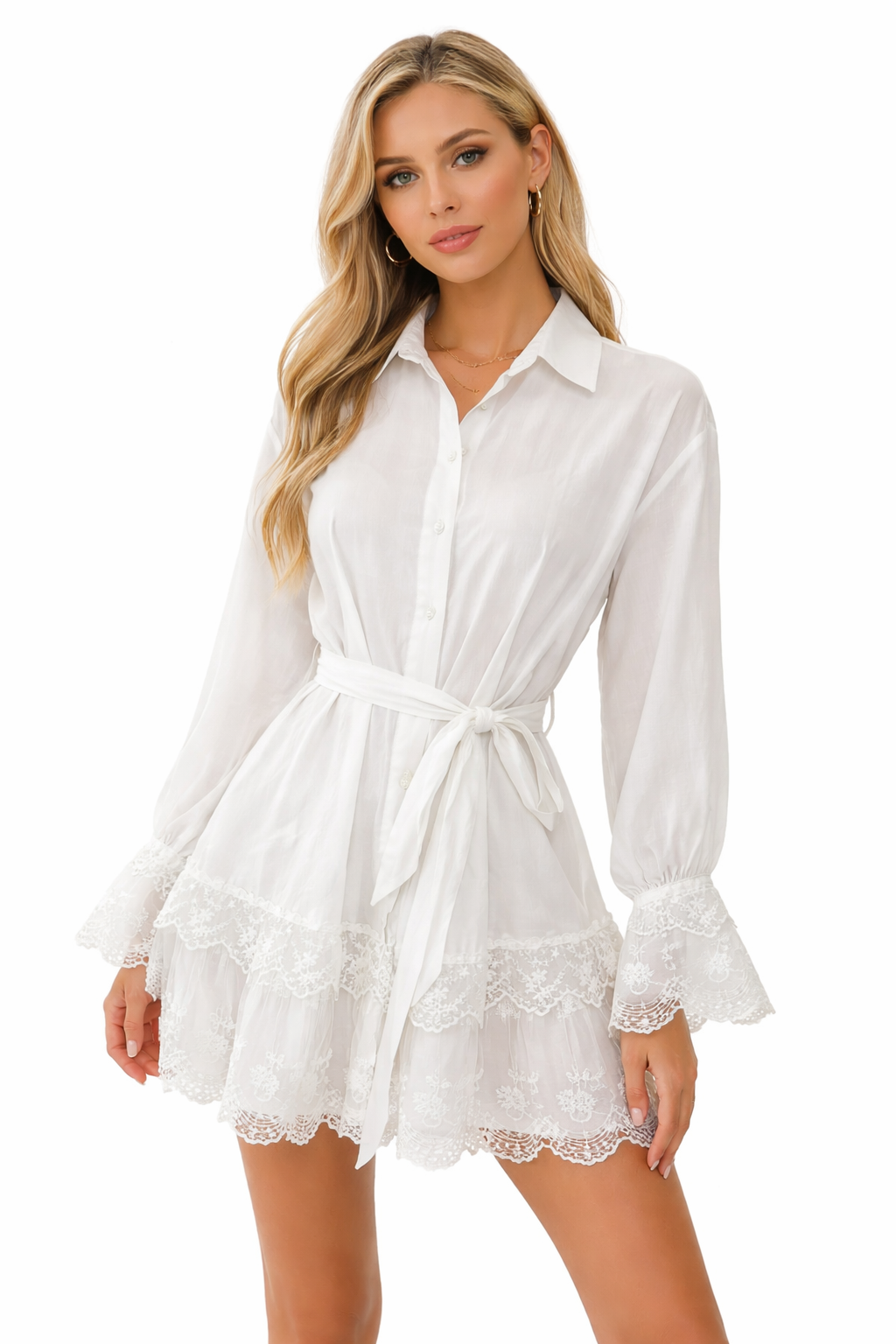 Lace Trim Belted Mini Dress - Light pink , Butter yellow , White
