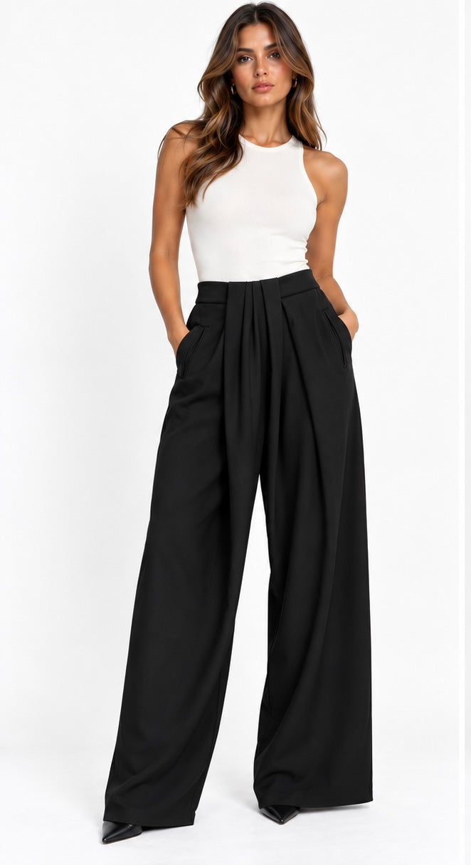 Wide-Leg Pleated Tailored Pants ( Navy , Black , Brown )