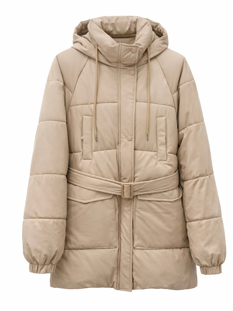 Beige Quilted Puffer Coat with Belt