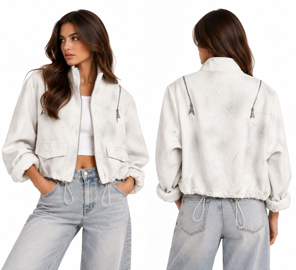 Distressed Luxe Zip-Up Jacket (Brown . White )