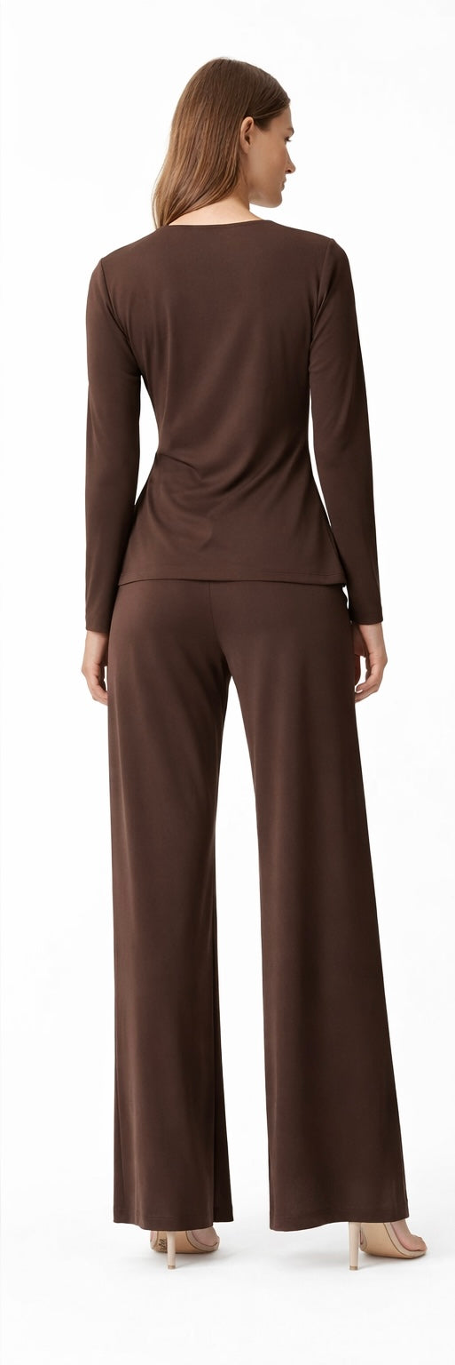 Draped Wrap Top & Wide-Leg Pant Set – Chocolate Brown