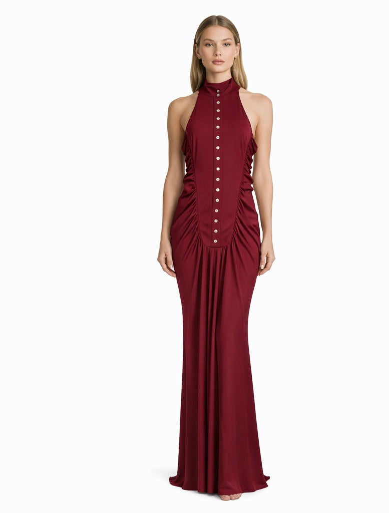 Signature Ruched Halter Gown – Deep Brown & Burgundy