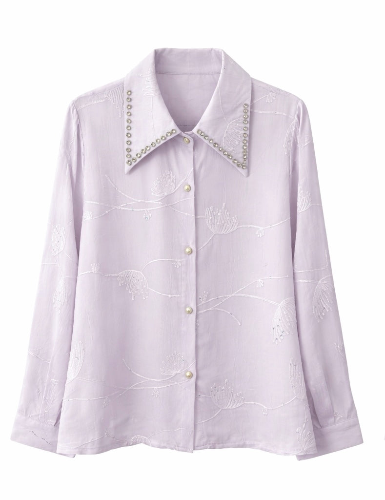 Embroidered Blouse with Rhinestone Collar - Lavender , pink