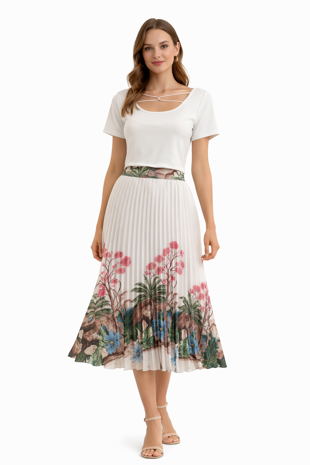 Tropical Print Pleated Midi Skirt