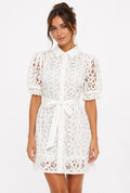 Elegant White Lace Dress with Puff Sleeves and Waist Tie