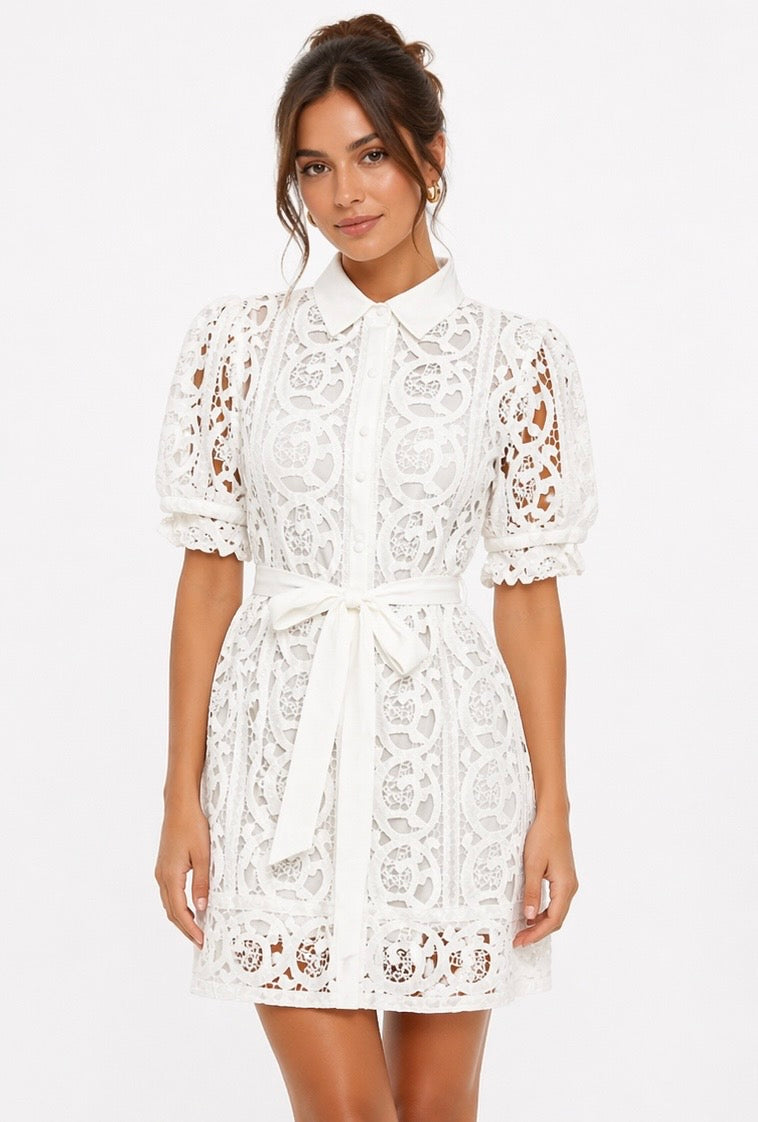 Elegant White Lace Dress with Puff Sleeves and Waist Tie
