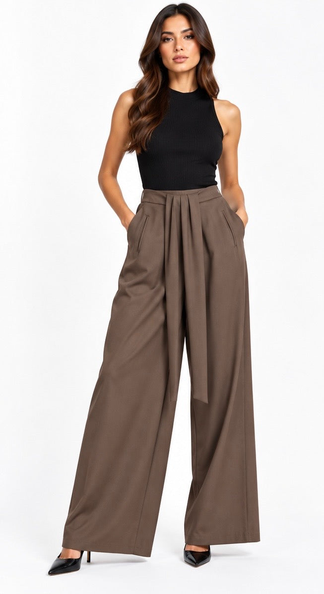Wide-Leg Pleated Tailored Pants ( Navy , Black , Brown )