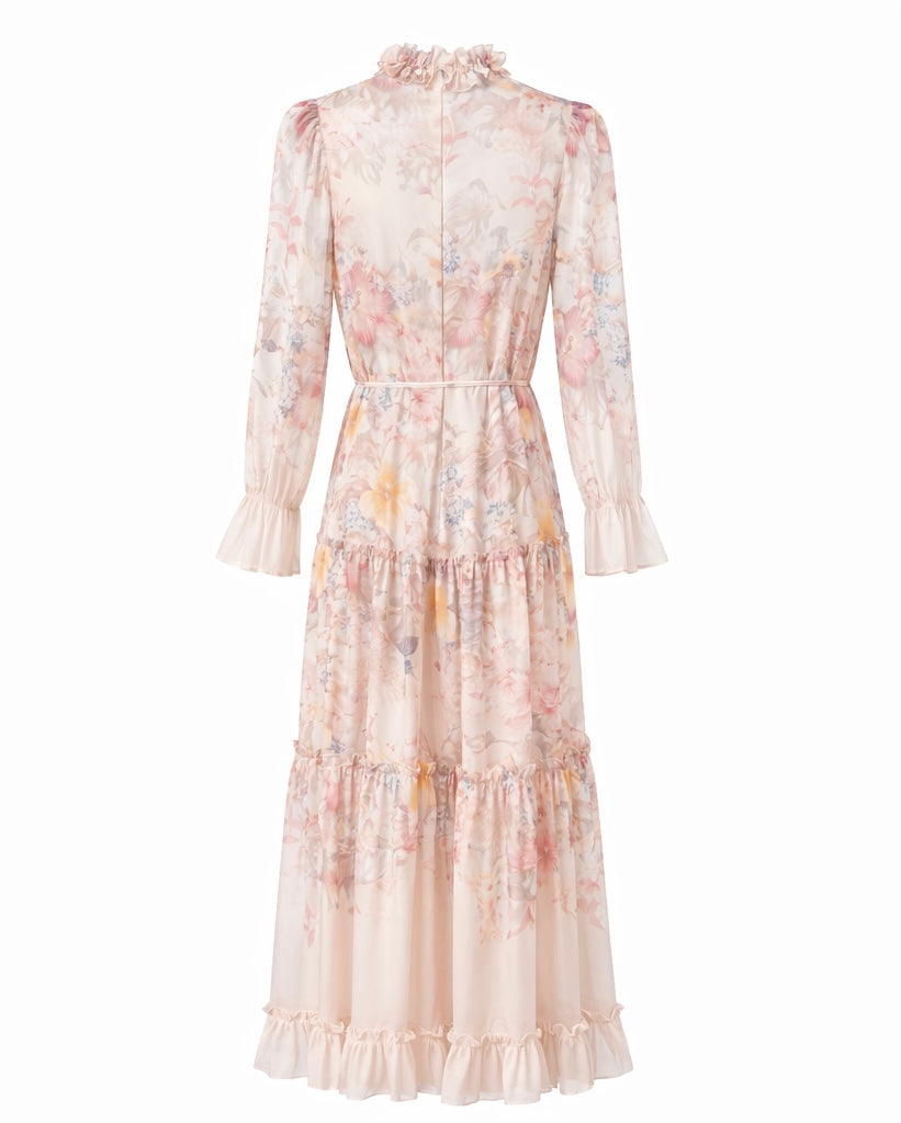 Elegant Floral Ruffle Neck Maxi Dress