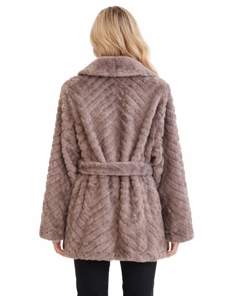 Soft Taupe Eco Fur Belted Coat