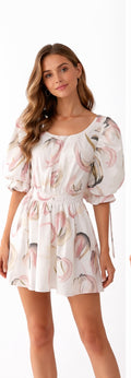 Printed Puff Sleeve Elastic Waist Dress