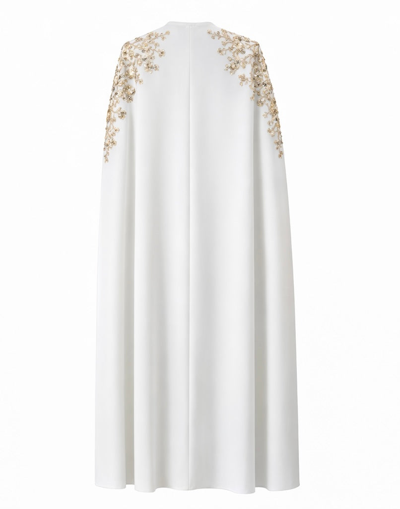 Ivory Embellished Cape Abaya with Hand-Beaded Shoulders