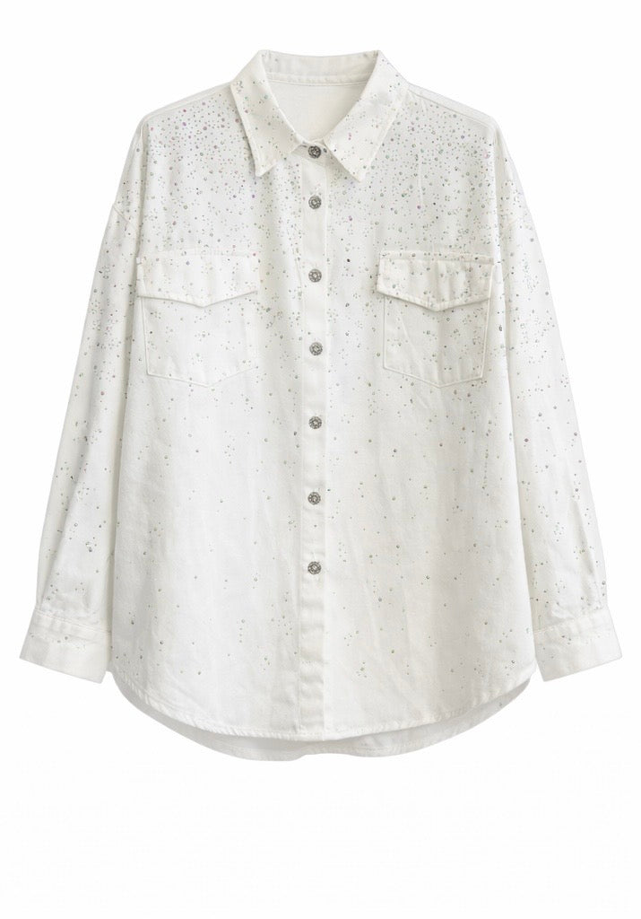 White Rhinestone Button-Up Shirt & Palazzo Pant Set