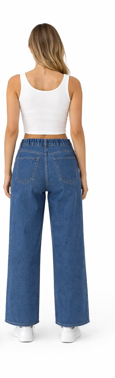 Navy Wide  Leg Denim With Elastic